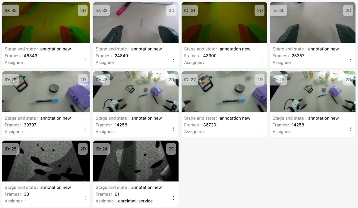 Robotix job list: ten robot episodes awaiting annotation, with frame counts from 33 to 46,343