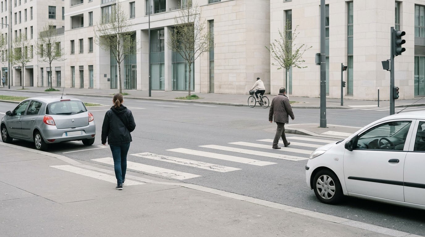 A city street corner: the left half is raw, unlabelled footage; on the right half, a pedestrian, a cyclist, a car, a traffic light and the crosswalk are each outlined and labelled with their class.